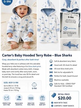 Carter's White Hooded Terry Robe with Blue Shark Print